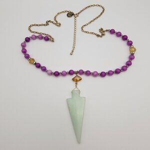 jm Purple And Green Agate Arrow Pendant Beaded Necklace Gold Tone 33 Inch